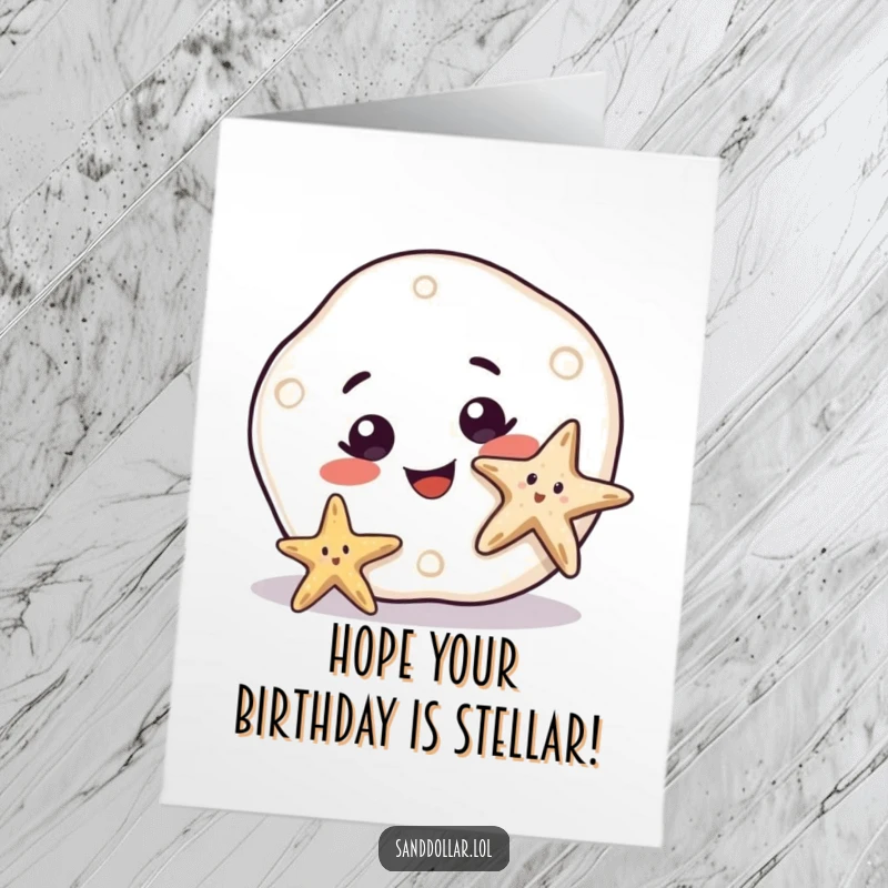 Funny Free Printable Birthday Card featuring a sand dollar with a big curious smile watching a starfish wiggle merrily.