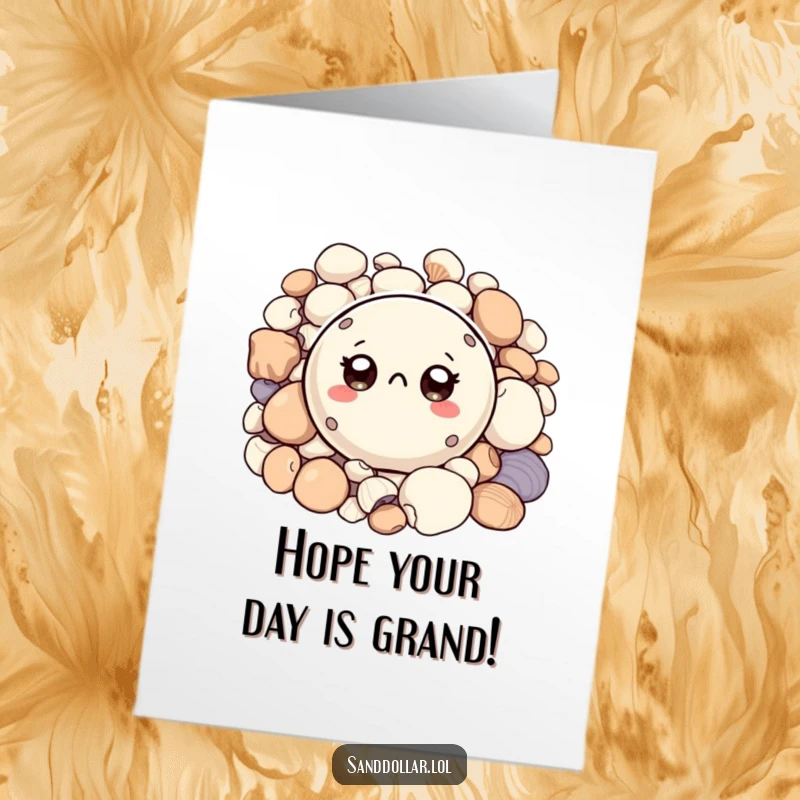 Funny Free Printable Sand Dollar Birthday Card: A small sand dollar with big curious eyes peeks from a pile of shells.