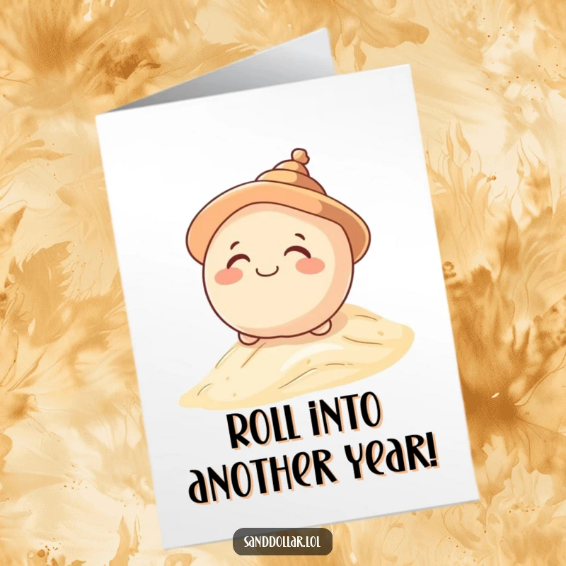 Funny Free Printable Sand Dollar Birthday Card: A giggling sand dollar with a shell hat rolls joyfully down a sandy dune.