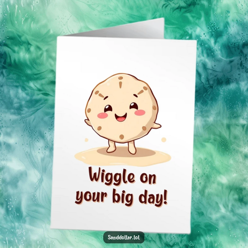 Funny Free Printable Sand Dollar Birthday Card: A happy sand dollar with a cheerful mouth does a wiggle dance on wet sand.