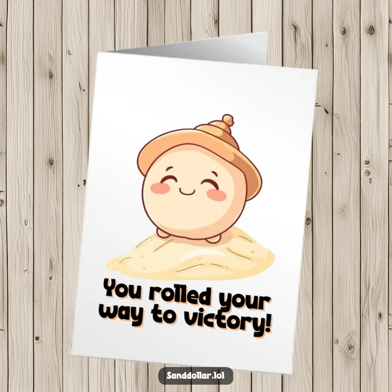 Funny Free Printable Sand Dollar Congratulations Card: A giggling sand dollar with a shell hat rolls down a dune celebrating your win.