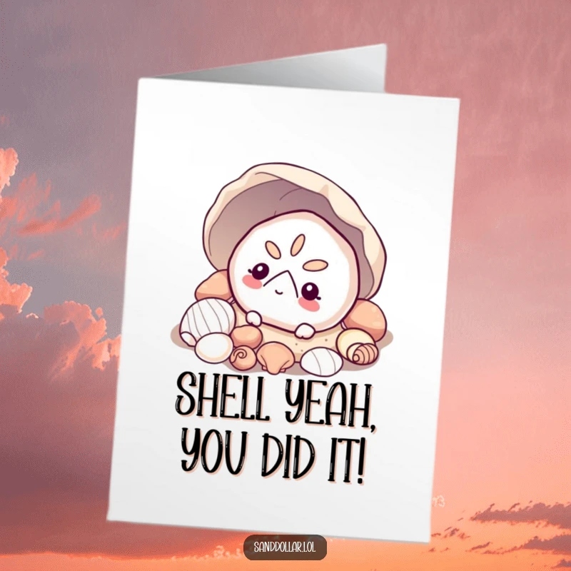 Funny Free Printable Congrats Card: A sand dollar peeking from shells, offering a humorous and sweet downloadable greeting.