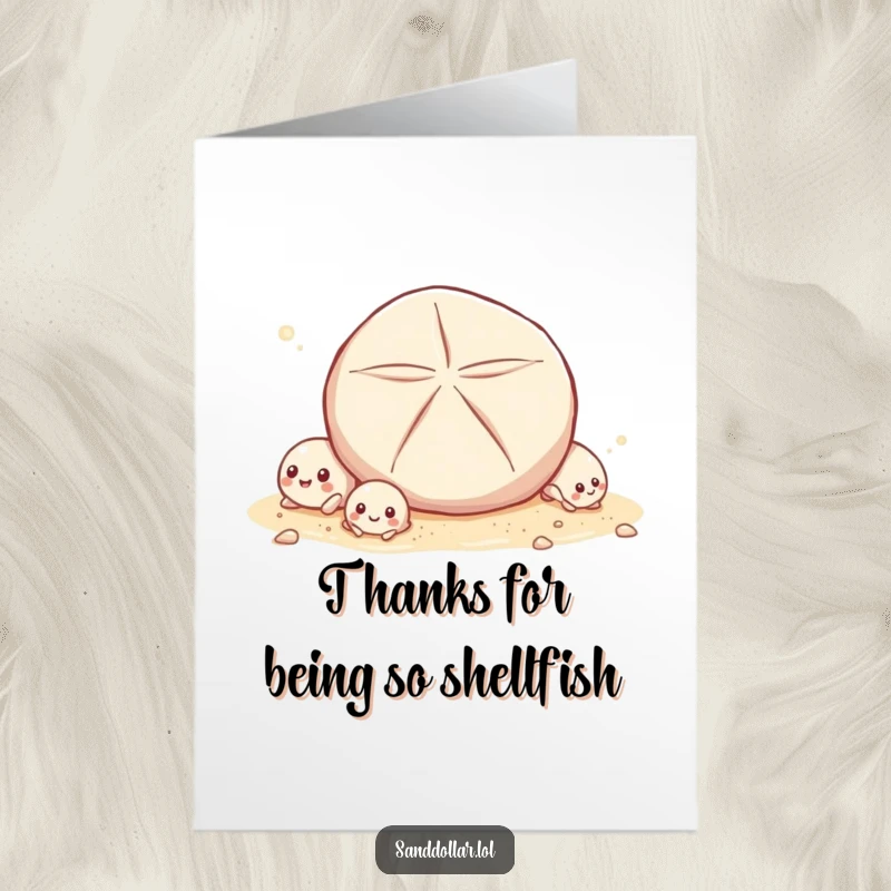 Funny Free Printable Thank You Card featuring tiny shells giggling as a sand dollar rolls by, a humorous way to say thanks.