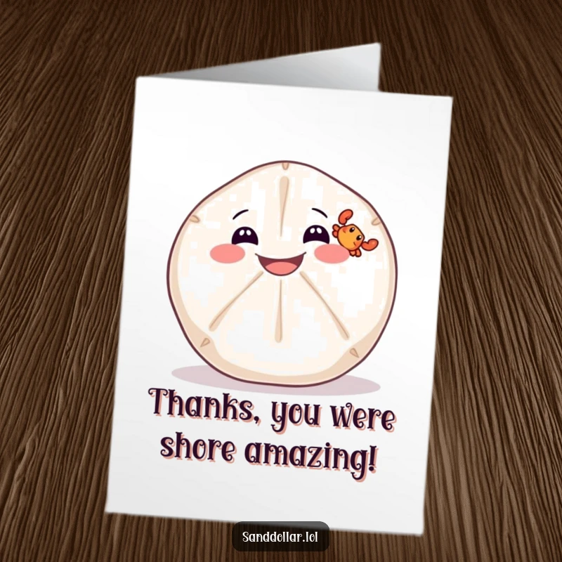 Funny Free Printable Thank You Card: Sand dollar with a wide grin balancing a tiny crab, showing thanks, downloadable.
