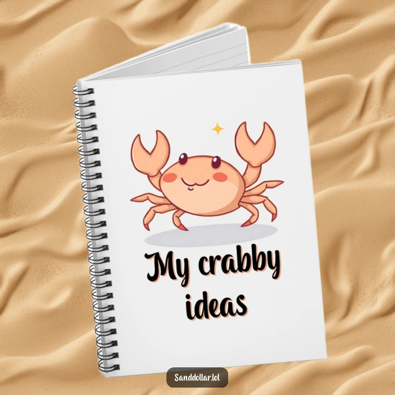 Funny Notebook showcasing a small crab character scuttling sideways with a playful sparkle, perfect for journaling, notes, or sketching with a humorous flair.