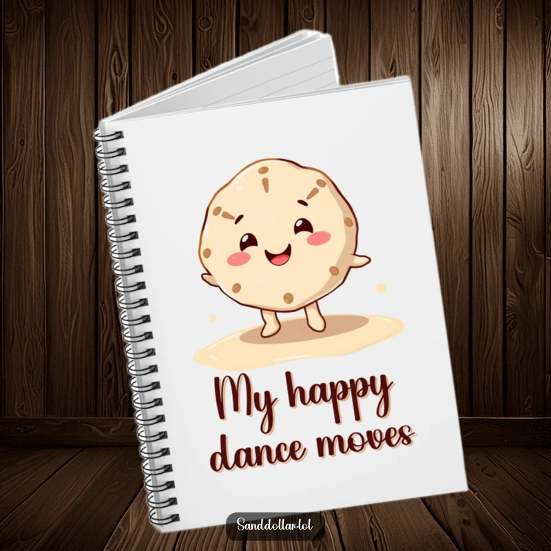 Funny notebook featuring a happy sand dollar character, cheerful mouth, dancing on wet sand, perfect for jotting down notes.