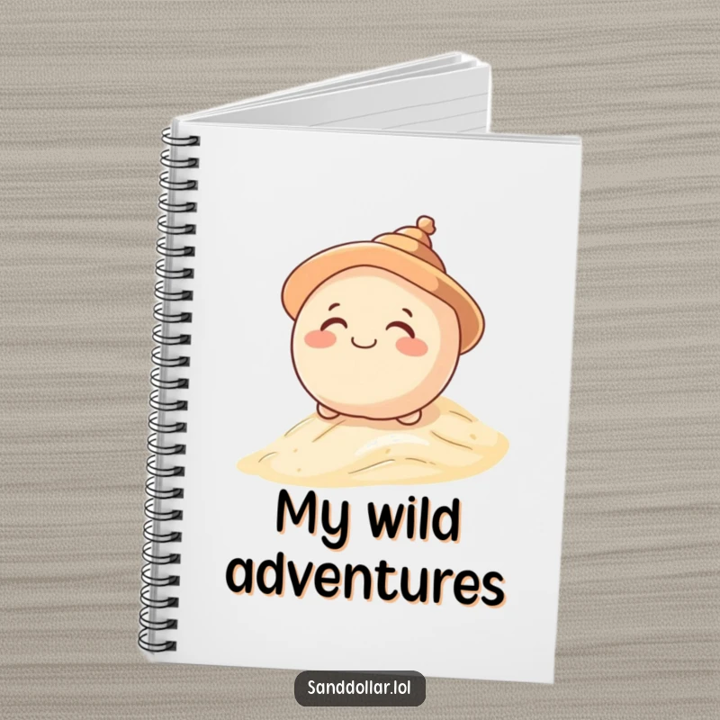Funny notebook featuring a giggling sand dollar character in a shell hat, rolling down a dune, perfect for jotting down notes.