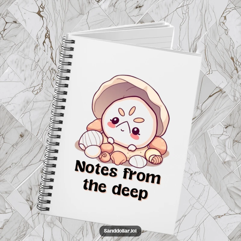 Funny sand dollar notebook, perfect for writing, with a curious sand dollar peeking from shells, offering beachy inspiration.
