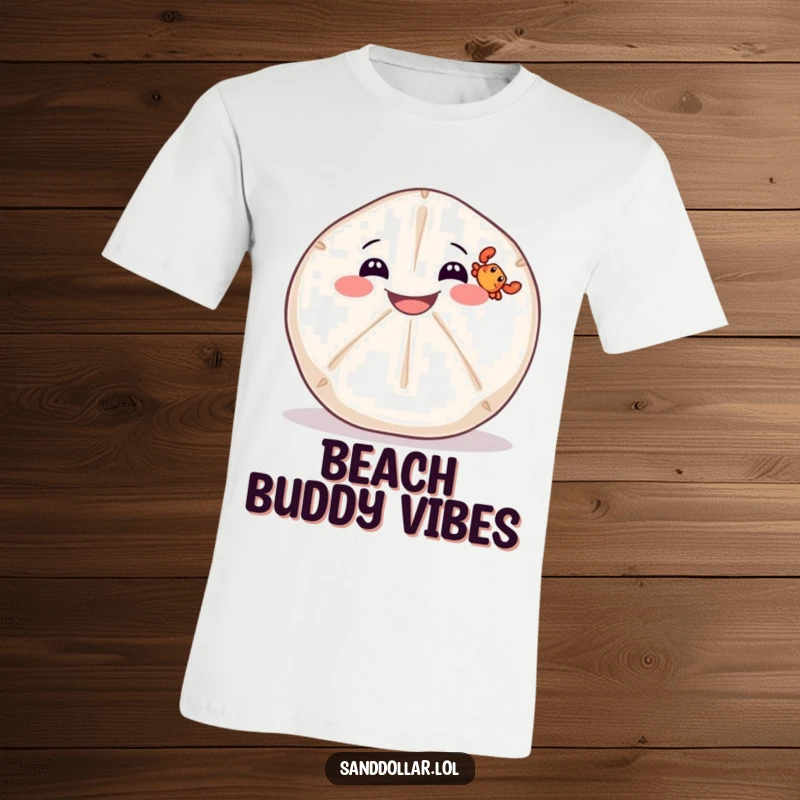 Funny t-shirt depicting a wide-grinning sand dollar precariously balancing a tiny crab on its back, perfect for beach lovers.