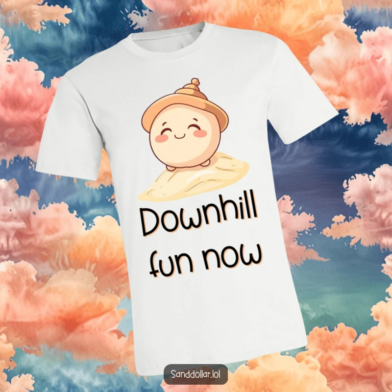 Funny t-shirt with a giggling sand dollar wearing a shell hat, rolling down a dune, exuding playful energy and coastal humor.
