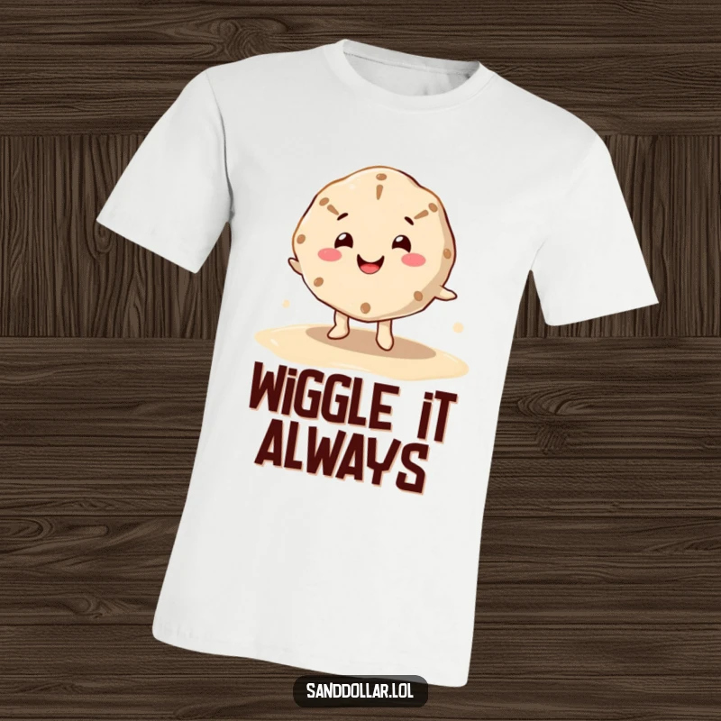 Funny t-shirt with a happy sand dollar character, cheerful mouth, doing a wiggle dance on wet sand, exuding fun and beachy energy.