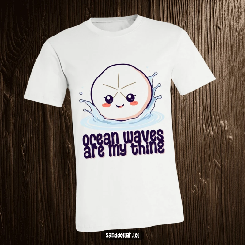 Funny sand dollar t-shirt featuring a happy sand dollar playfully splashing water, conveying pure beach joy and humor.