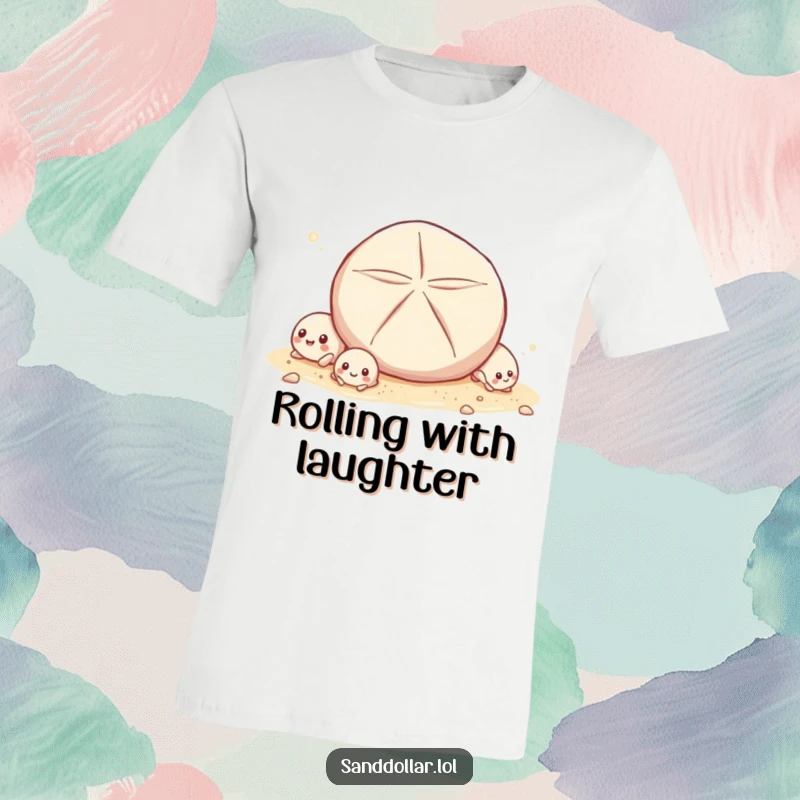 Funny T-Shirt depicting small, giggling shells reacting to a rolling sand dollar, conveying a sense of shared joy and lighthearted fun.