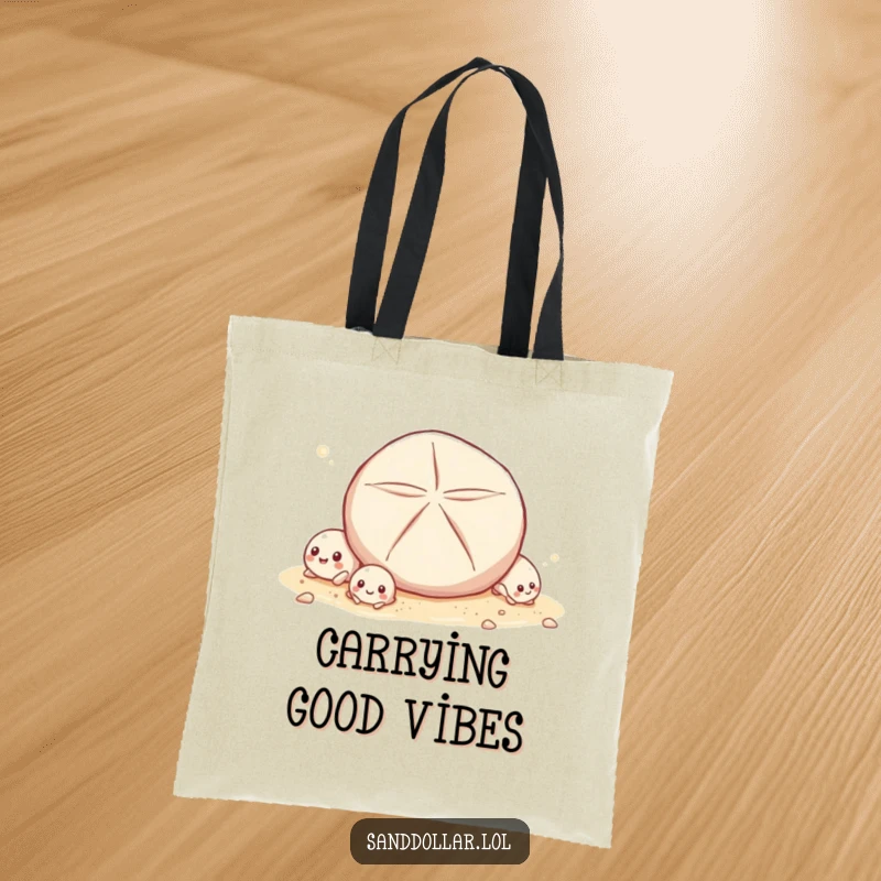 Funny Tote Bag featuring tiny shells giggling as a sand dollar rolls past, ideal for carrying items with seaside charm and humor.