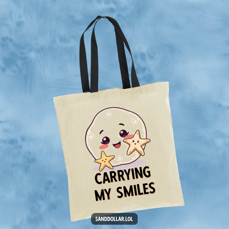Funny Tote Bag featuring a sand dollar with a big, curious smile observing a wiggling starfish, perfect for carrying items with seaside charm.