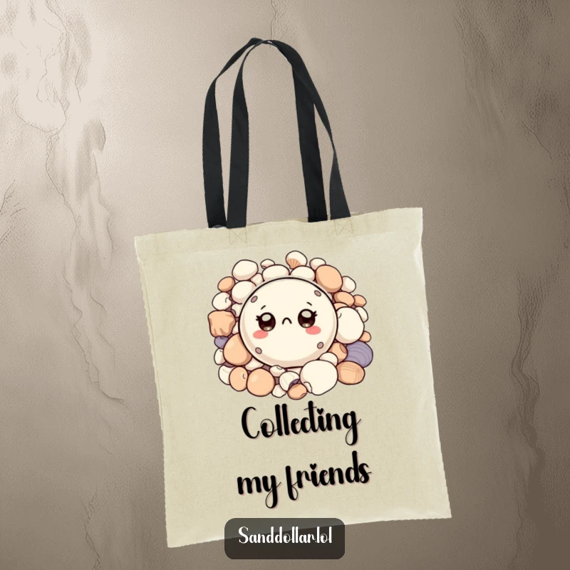 Funny tote bag with a small, round sand dollar character, big curious eyes peeking from shells, perfect for carrying essentials with humor.